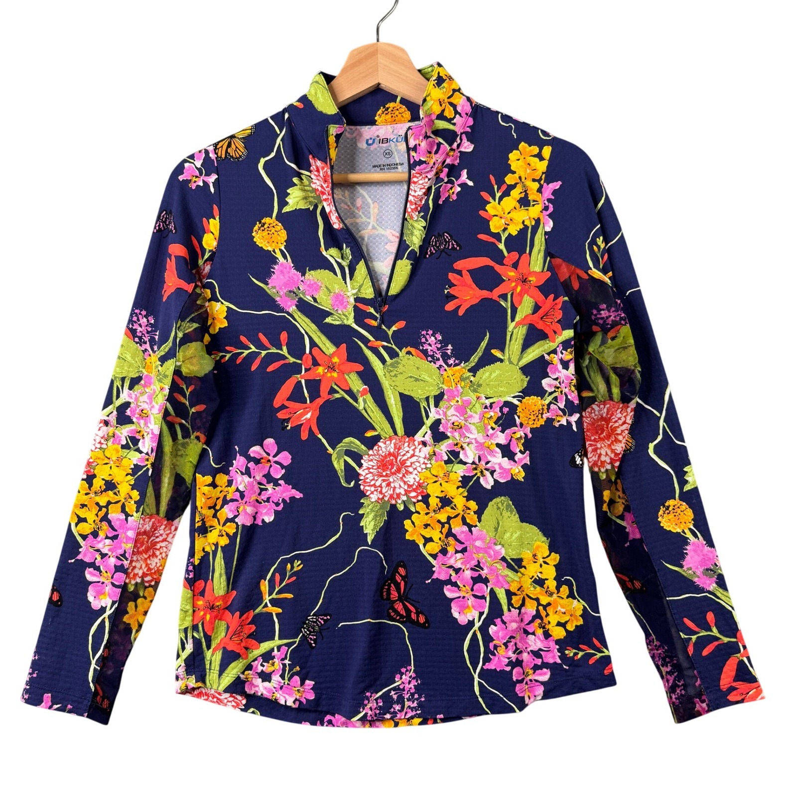 Ibkul Womens Size Xs Navy Blue Floral Butterfly Icefil 1/4 Zip Mock Neck Top
